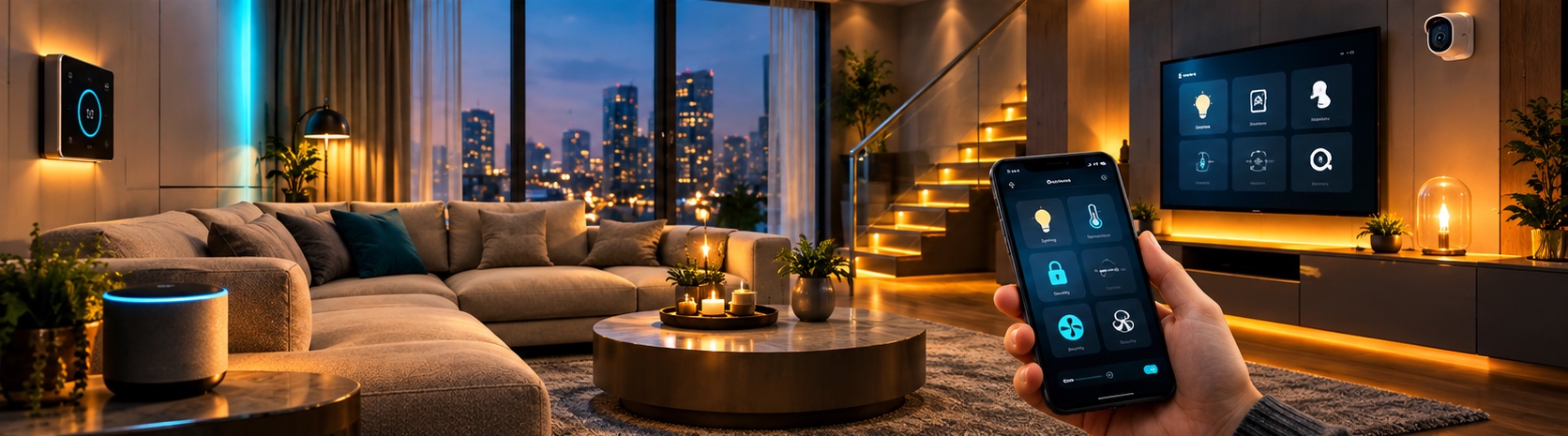 Wohnzimmer am Abend mit warmem Licht und Blick auf die Stadt; ein Smartphone und ein Wandbildschirm zeigen eine Smart-Home-Steuerung, in der Raumecke hängt eine Kamera