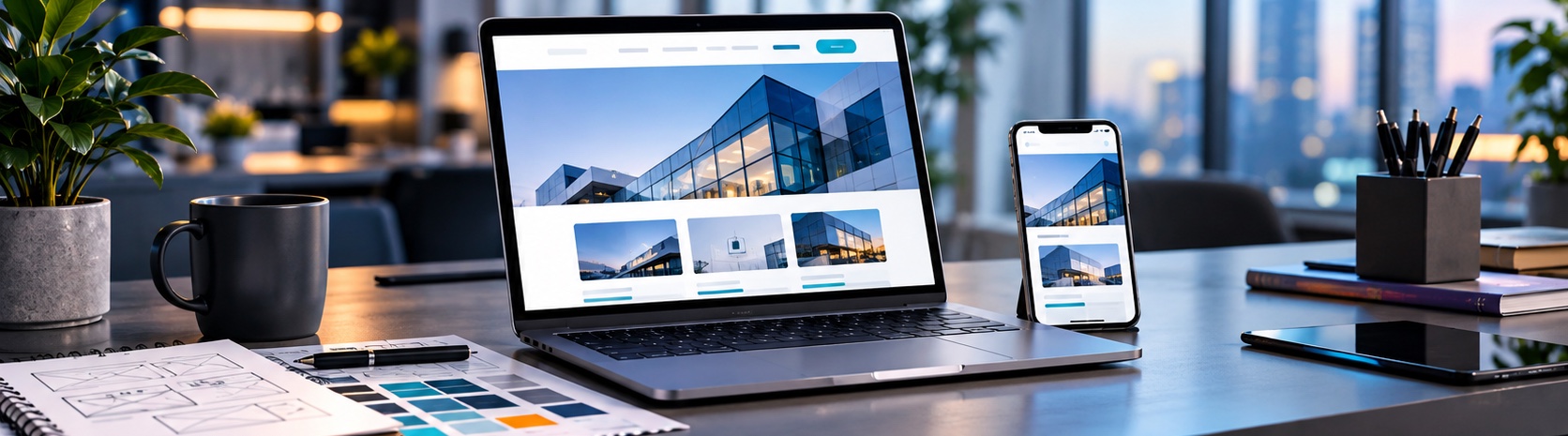 Schreibtisch mit aufgeklapptem Notebook und Smartphone, beide zeigen eine helle Website mit Architekturfoto; davor Skizzenblock, Stift und Farbmuster