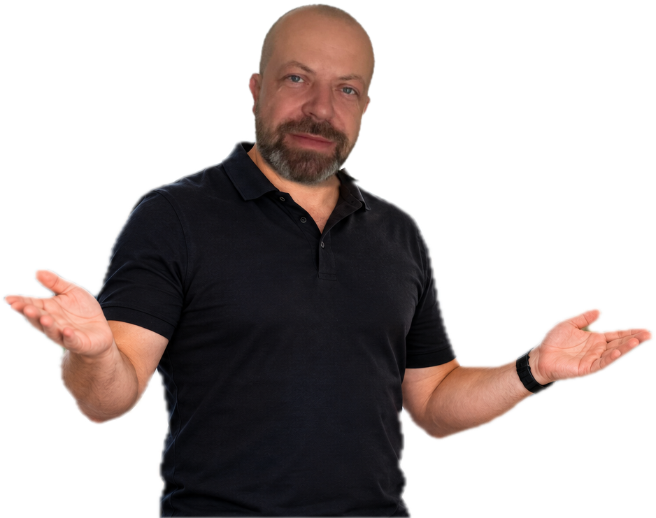 Piotr, Ihr Ansprechpartner, im schwarzen Poloshirt. Er breitet beide Hände aus und stellt die Bereiche Webdesign und Smart Home vor.