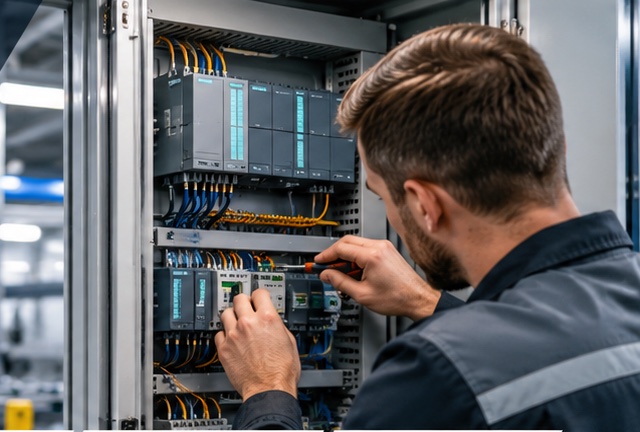 Techniker arbeitet an einem geöffneten Schaltschrank mit Steuerungsmodulen und Verdrahtung